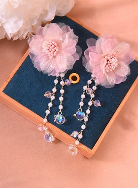 超仙项链水晶串珠复古中国风花朵锁骨链汉服配饰超仙小众娟纱耳环