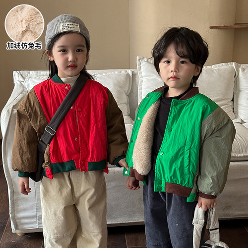 儿童铺棉外套加绒加厚女童短款冬季保暖男童棉服2023新款冬装婴幼 - 图1