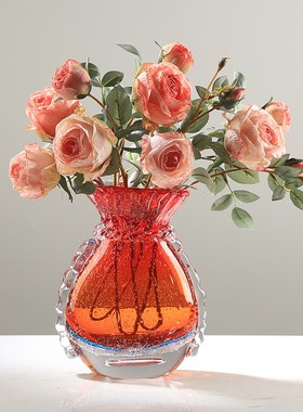 轻奢红色琉璃气泡花瓶水培摆件简约客厅餐桌样板房花器插花装饰品
