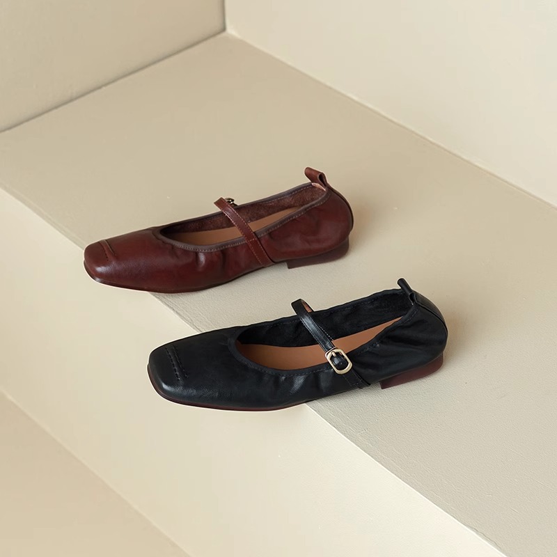 2025春夏新款法式方头一字扣带低跟单鞋女复古真皮平底玛丽珍鞋女 - 图2