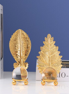 北欧轻奢风格水晶球摆件创意铁艺叶子造型设计艺术设计家居装饰品