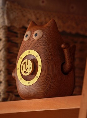 招财猫时来运转实木黄铜创意解压乔迁送礼桌面文创转运摆件礼品