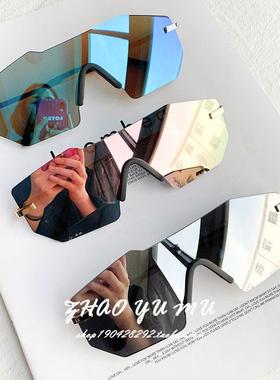 ins超火黄色眼镜欧美2021一体式无框太阳镜男女大框墨镜蛤蟆眼镜