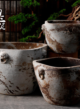 复古陶瓷仿古大缸大花盆鱼缸落地摆件庭院园林P粗陶手工流水水景