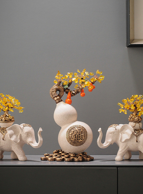 招财水晶发财树陶瓷对p象一对家居摆件新中式复古典风展示柜装饰