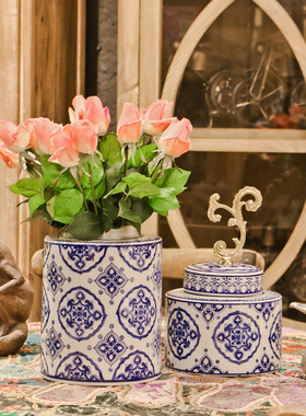 欧式青花瓷圆罐美式新中式家居餐桌电视柜入口花瓶装饰陶瓷摆件