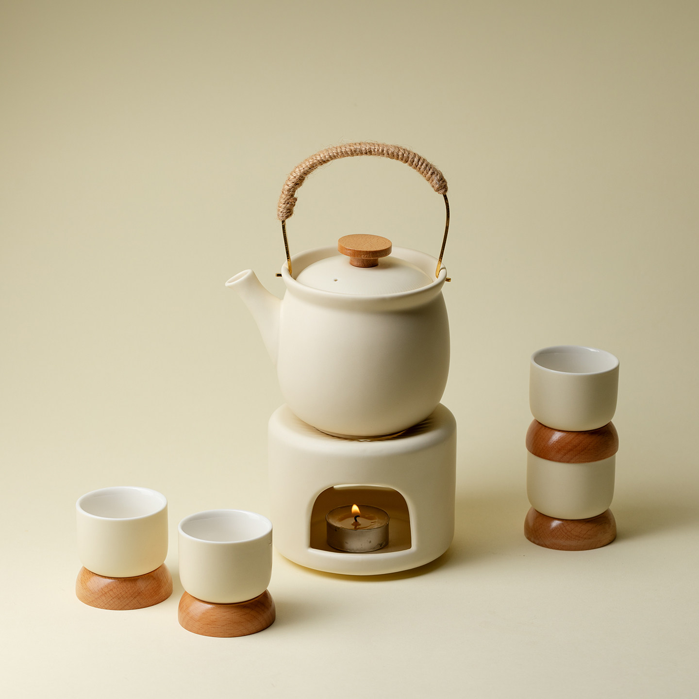 植述奶油黄围炉煮茶套装功夫茶具一壶四杯露营温茶炉泡茶器小套组,淘宝优惠券,粉丝福利购,淘宝优惠卷