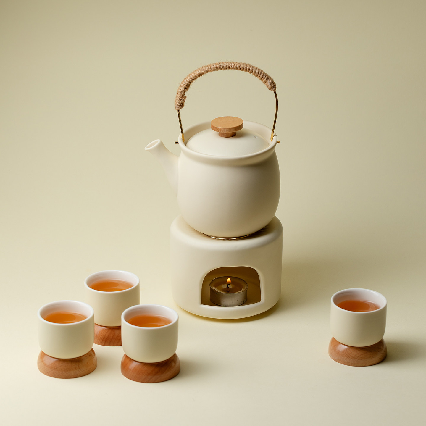 植述奶油黄围炉煮茶套装功夫茶具一壶四杯露营温茶炉泡茶器小套组,淘宝优惠券,粉丝福利购,淘宝优惠卷