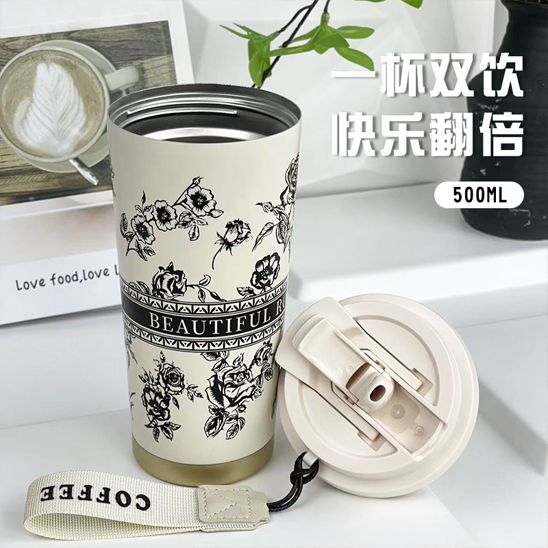 咖啡杯外出携带双饮吸管杯316不锈钢保温杯女2025新款高颜值水杯 咖啡杯外出携带双饮吸管杯316不锈钢保温杯女2025新款高颜值水杯