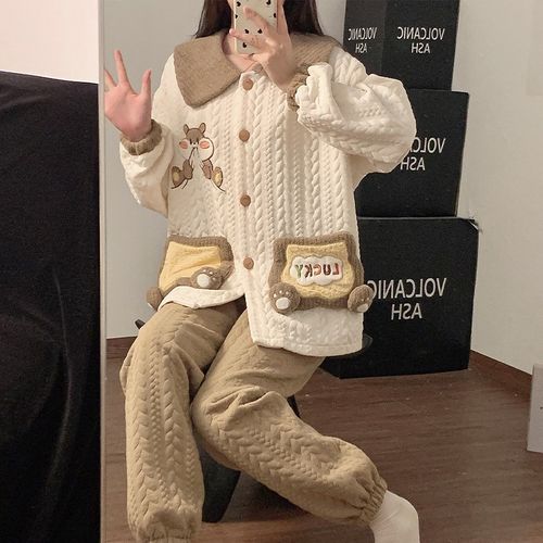 秋冬新款空气夹层开衫长袖长裤加厚200斤胖mm休闲大码两件套装女 - 图2