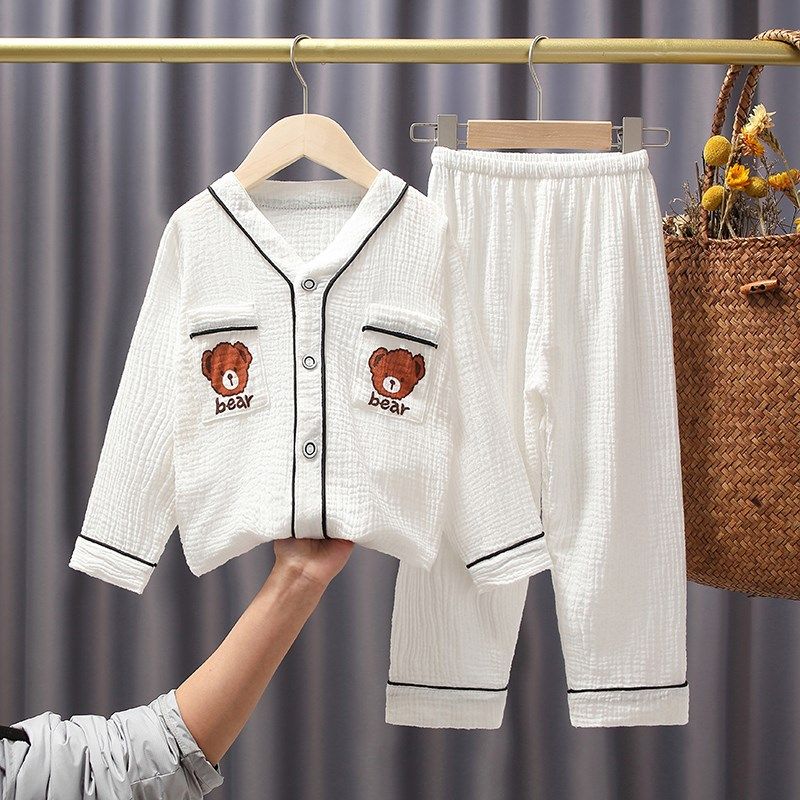 春夏中大童纯棉纱布睡衣女童男孩棉纱薄款儿童长袖短袖套装家居服,淘宝优惠券,粉丝福利购,淘宝优惠卷