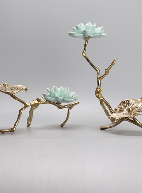 新中式创意铜荷叶陶瓷莲花家居客厅装H饰摆件客厅办公桌工艺品软