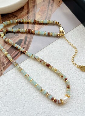 彩色珍珠寿山石项链女 复古民族风 高级感锁骨链2024新款轻奢小众