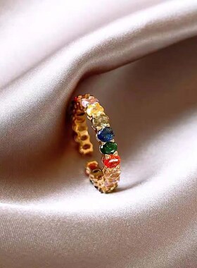 彩色镶钻锆石戒指女轻奢简约食指戒小众设计复古开口可调节指环