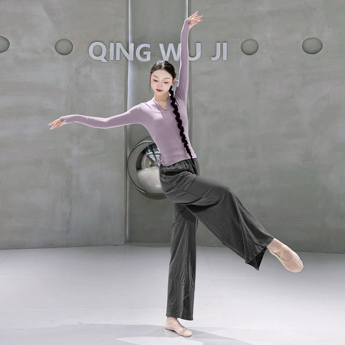 现代舞练功服女秋冬长袖套指V领形体训练练功服安可拉红艺考上衣 - 图1