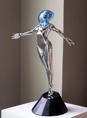 未来科技感艺术电镀银色机械女泡泡摆件客厅书房人物人偶坐姿雕塑