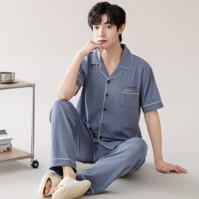 新款睡衣男夏纯棉薄款短袖长裤套装休闲宽松青年中老年家居服包邮 - 图2