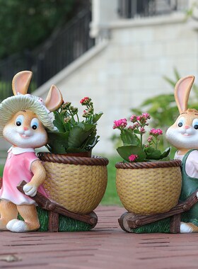 户外卡通小兔子动物花缸雕塑幼儿园花盆别墅庭院花园阳台装饰摆件