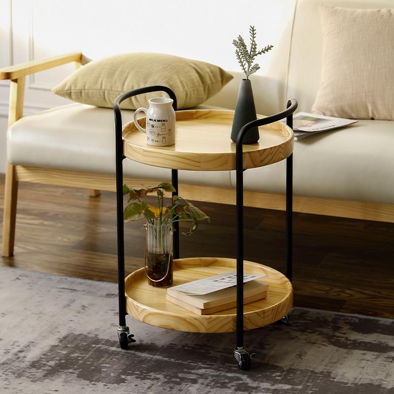 观山木实木可移动沙发边几北欧风现代简约带轮小茶几小推车置物架 - 图0