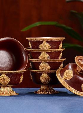 铜供水杯用品杯尼泊尔手工铜鎏金鎏银佛前圣水碗八吉祥供水碗