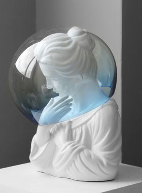 蓝色泡泡女孩客厅桌面人物白色树脂艺术雕塑高级感软装饰品大