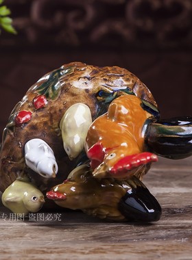 田园风庭院假山盆景搭配小动物鸡摆件石湾陶瓷书房书桌装饰品摆设