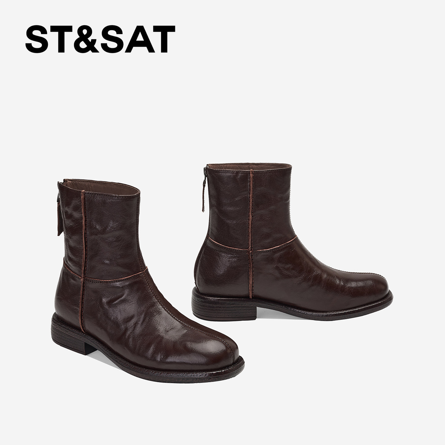 St&Sat/星期六百搭圆头短筒法式时装靴复古真皮短靴粗跟切尔西靴,淘宝优惠券,粉丝福利购,淘宝优惠卷