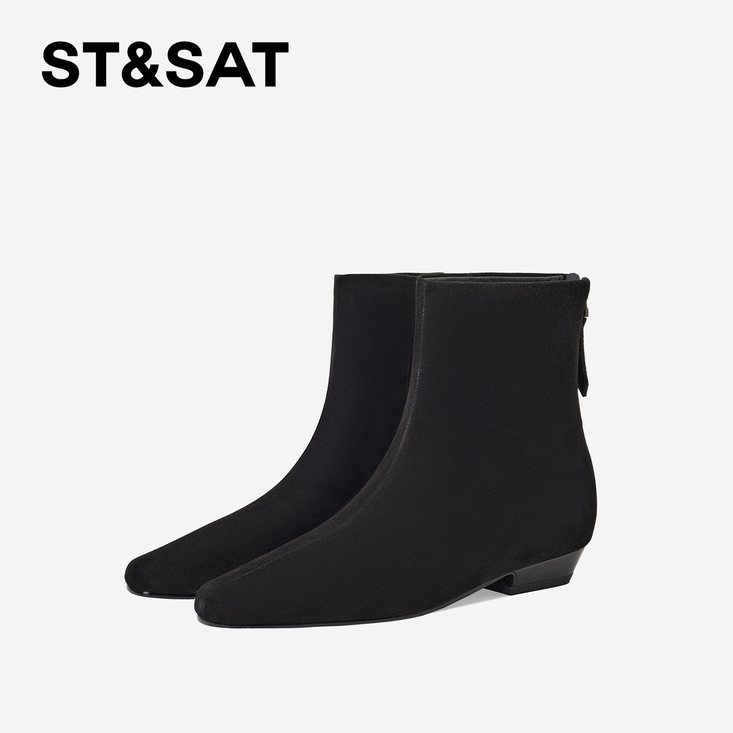 St&Sat/星期六粗跟短靴法式方头秋冬复古时装靴低跟后拉链女靴,淘宝优惠券,粉丝福利购,淘宝优惠卷