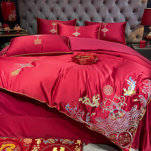 中式婚庆全棉四件套结婚大红色龙凤刺绣被套纯棉喜被婚房床上用品 - 图0