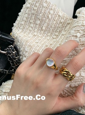 强推质感!不掉色高电镀18K金加厚粗链条平切变光白母贝戒指环男女