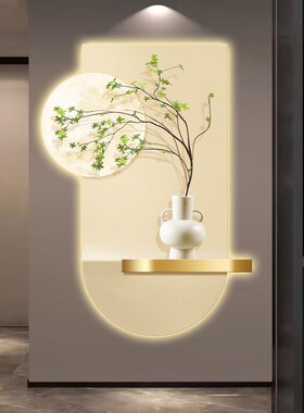 奶油原木风玄关装饰画半圆发光灯画过道走廊客厅挂画绿Z植艺术壁