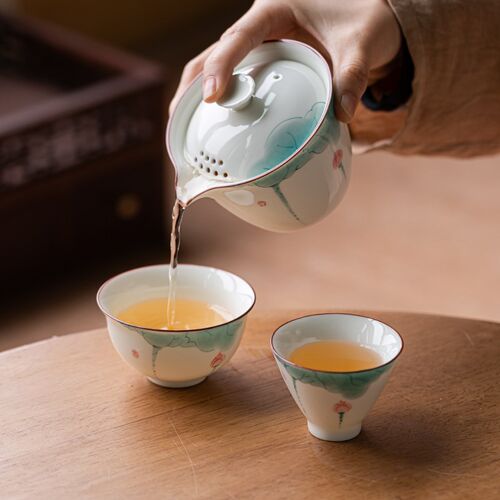 草木灰手绘d荷花快客杯一壶二杯功夫旅行茶具便携式收纳包旅游 - 图2