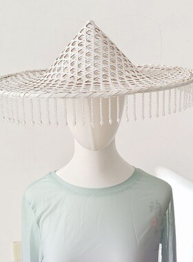 红色斗笠舞蹈走秀斗笠古装帽吊白色珠流苏斗笠侠女帽订做款摄表演