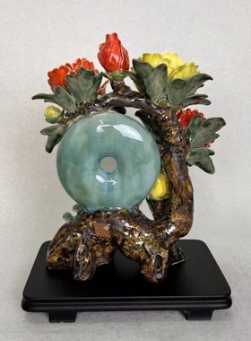 玉璧牡丹花开富贵陶瓷摆件石湾公仔