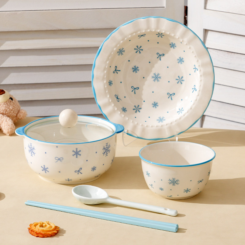 蓝雪花可爱泡面碗带盖双耳泡面碗个人专用釉下彩陶瓷泡面碗套装,淘宝优惠券,粉丝福利购,淘宝优惠卷