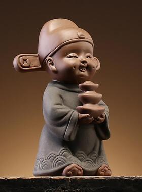 创意紫砂招财手工摆件旺财童子人物家居博古架办公室桌面装饰品