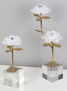 现代简约天然紫水晶花黄铜枝叶工艺品摆件L样板间客厅玄关茶几装