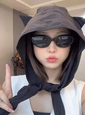 小恶魔防晒帽女士夏季户外防紫外线遮阳速干头巾帽猫耳朵绑带帽子