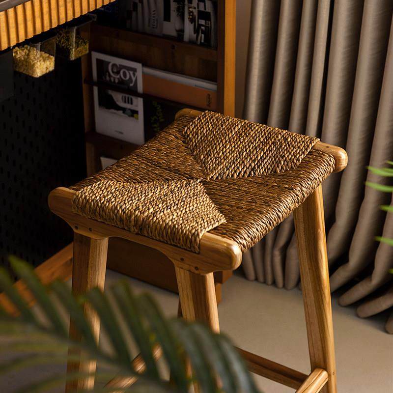 印尼进口北欧实木高脚凳南洋风吧台凳藤编岛台椅ins家用酒店椅子,淘宝优惠券,粉丝福利购,淘宝优惠卷