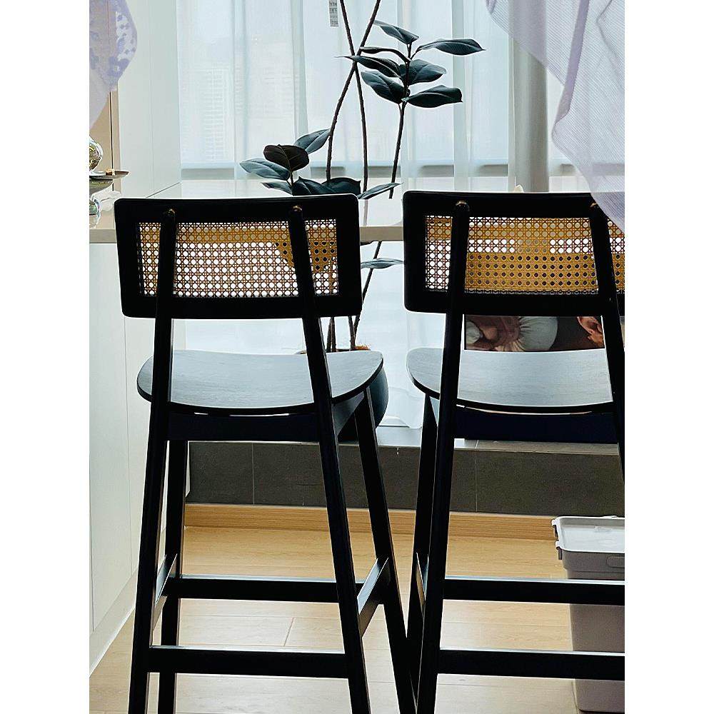 实木藤编酒吧台椅覆古家用岛台桌小户型高脚凳设计师厨房靠背椅子,淘宝优惠券,粉丝福利购,淘宝优惠卷