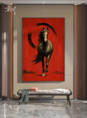 新中式红色中古风马到成功茶室客厅卧室装饰画玄关背景墙壁画挂画