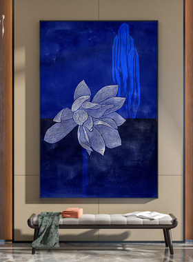 新中式蓝色轻奢中国风复古艺术荷花客厅装饰画玄关壁画竖版挂画