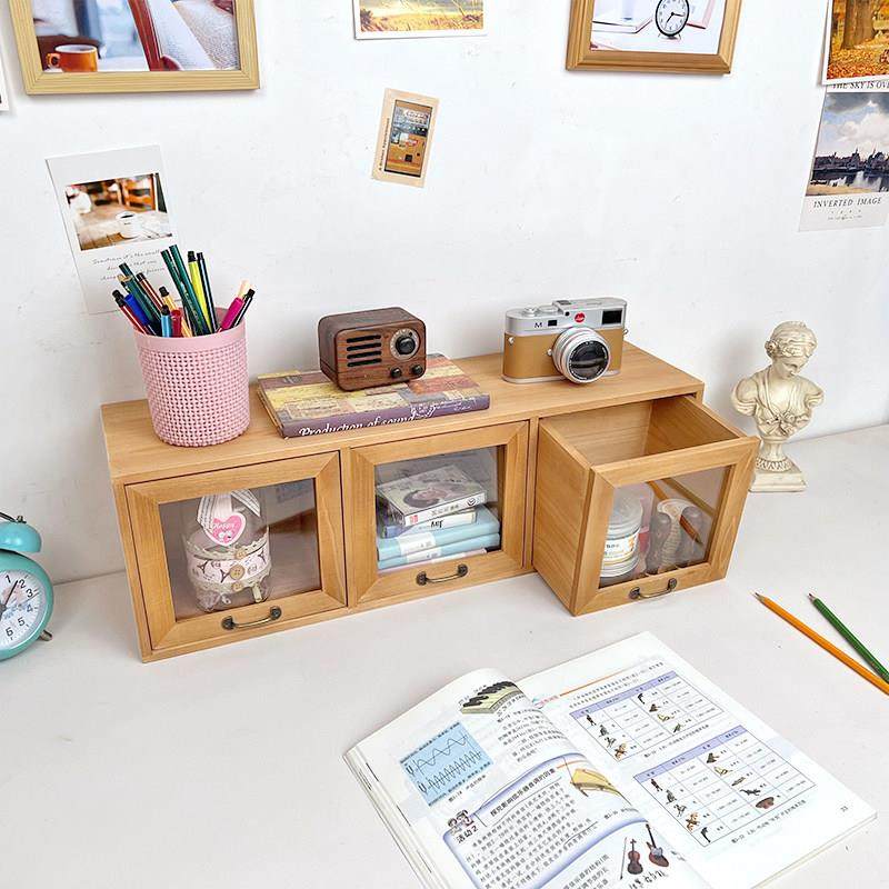 晴天杂货铺原木复古收纳架书架玻璃抽屉式桌面整理木质分类收纳盒,淘宝优惠券,粉丝福利购,淘宝优惠卷