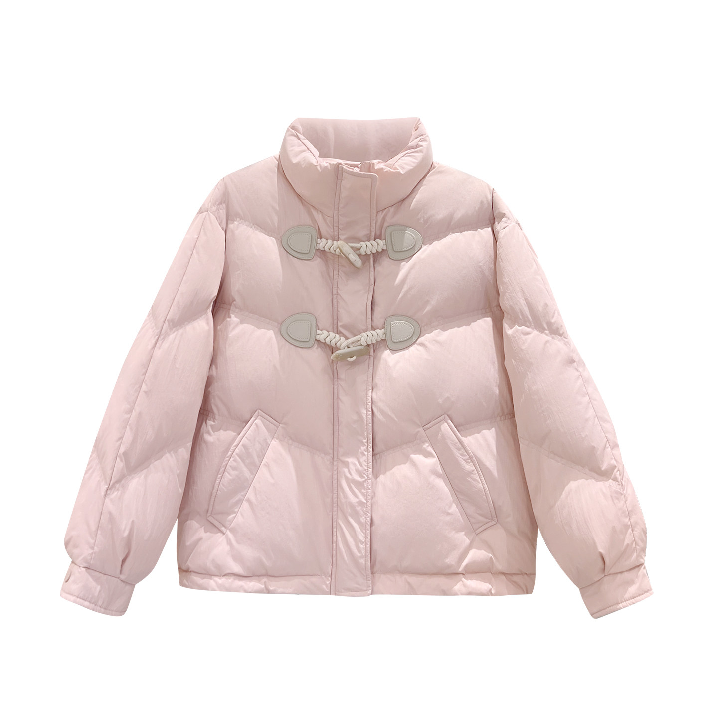 2025年新冬保暖白鸭绒韩系面包服牛角扣羽绒服女立领小个子设计感