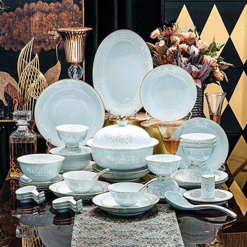 高温釉下彩玲珑瓷餐具景德镇高岭土青瓷碗盘碗碟套装家用乔迁新居,淘宝优惠券,粉丝福利购,淘宝优惠卷