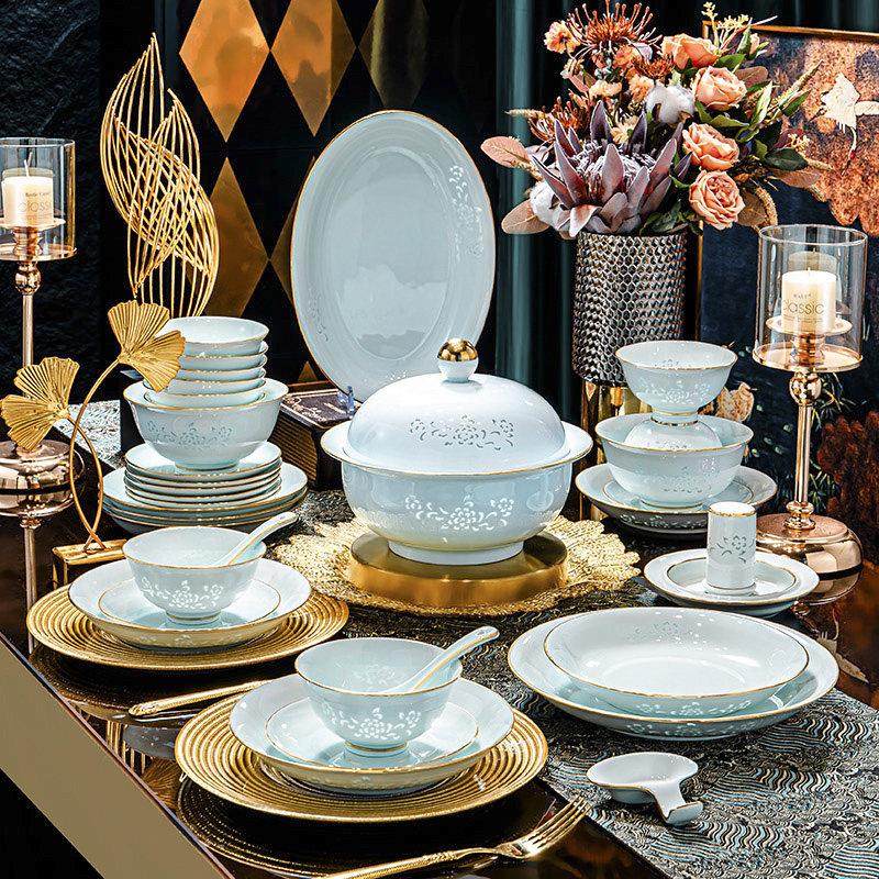 高温釉下彩玲珑瓷餐具景德镇高岭土青瓷碗盘碗碟套装家用乔迁新居,淘宝优惠券,粉丝福利购,淘宝优惠卷