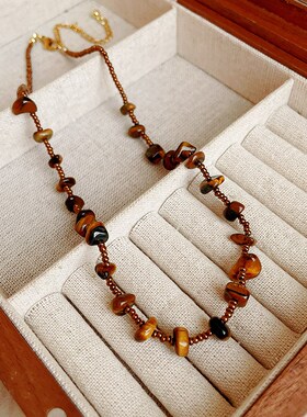 美拉德虎眼石串珠椭圆项链秋冬复古百搭毛衣链小众时尚饰品女