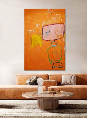 客厅涂鸦艺术橙色挂画手绘玄关卡通装饰画肌理油画儿童房小众壁画