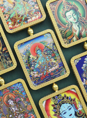 西藏半手绘描金唐卡绿度母白度母本命佛随身唐卡吊坠挂坠