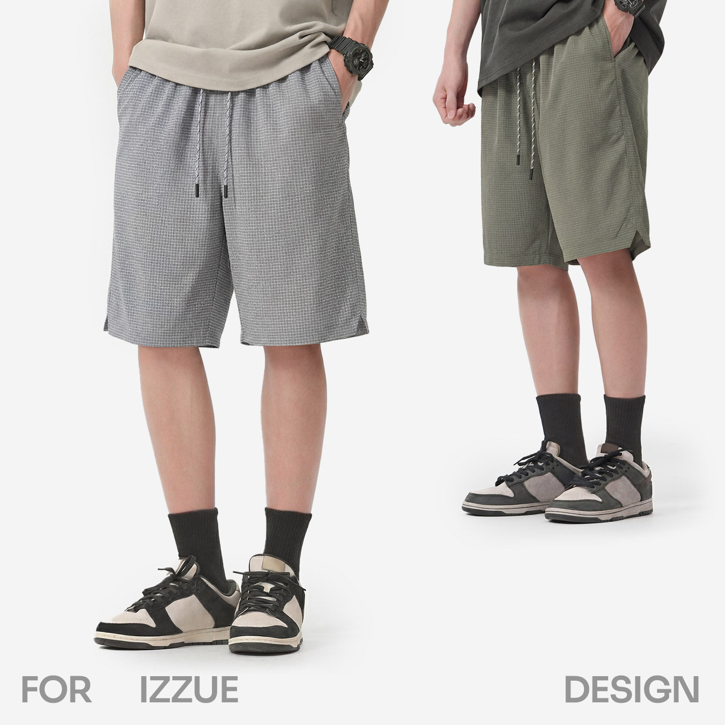 it izzue原创潮牌轻盈无感军绿色直筒开叉短裤男夏季宽松五分裤3P,淘宝优惠券,粉丝福利购,淘宝优惠卷